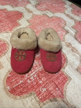 Tory Burch Pink Suede Shearling-Trim Slip-On Slippers